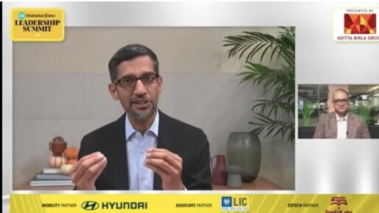 Sundar Pichai was speaking with HT editor-in-chief R Sukumar at HTLS 2021. (HT Photo) Sundar Pichai was speaking with HT editor-in-chief R Sukumar at HTLS 2021. (HT Photo)