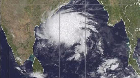 Cyclonic storm Jawad with wind speed ranging between 90 and 100 kmph, lay over westcentral Bay of Bengal about 480 km south-southwest of Puri, as it continued to move north-north-westwards with a speed of 20 kmph. (PHOTO CREDIT: IMD.)