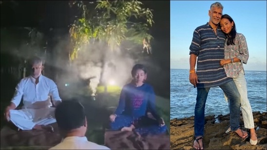 Milind Soman-Ankita Konwar meditate outdoors at night, ace Yoga's Sukhasana(Instagram/milindrunning/ankita_earthy)