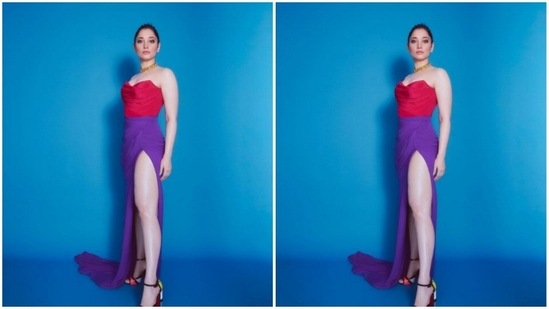 Tamannaah played muse to the fashion designer Saisha Shinde and decked up in a colour-coordinated gown.(Instagram/@tamannaahspeaks)