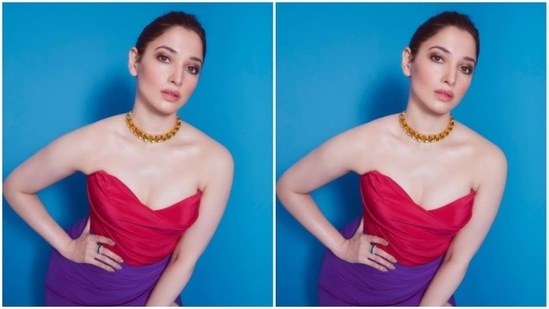 Tamannaah slipped into an off-shoulder gown with a blue wrap-around detail with a thigh-high slit.(Instagram/@tamannaahspeaks)