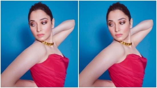 Tamannaah donned a gorgeous gold choker from the house of Minerali Store and a ring from the house of Karishma Joolry.(Instagram/@tamannaahspeaks)