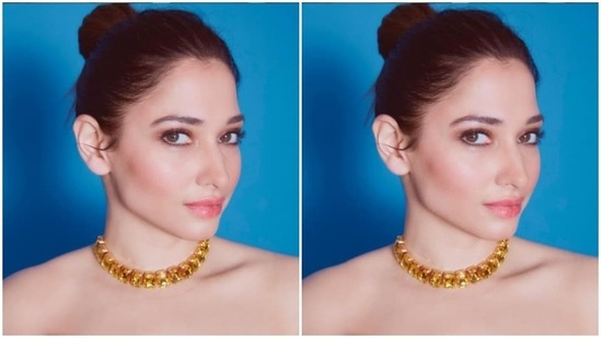 Assisted by makeup artist Florian Hurel, Tamannaah opted for a minimal makeup look. In nude eyeshadow, mascara-laden eyelashes, black eyeliner, black kohl, drawn eyebrows, contoured cheeks and a shade of nude lipstick, Tamannaah looked ravishing.(Instagram/@tamannaahspeaks)