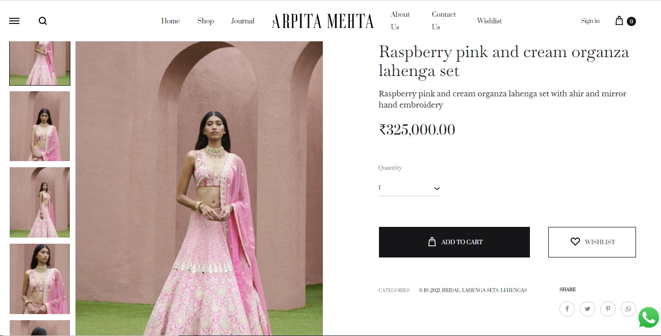 Kiara Advani's pink lehenga set from Arpita Mehta(arpitamehtaofficial.com)