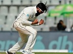 New Zealand's Ajaz Patel celebrates wicket of India's Shreyas Iyer on the first day of the 2nd Test match between India and New Zealand, at Wankhede Stadium, in Mumbai on Friday.(ANI) New Zealand's Ajaz Patel celebrates wicket of India's Shreyas Iyer on the first day of the 2nd Test match between India and New Zealand, at Wankhede Stadium, in Mumbai on Friday.(ANI)