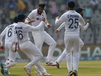 India's Mohammed Siraj celebrates the dismissal of New Zealand skipper Tom Latham on the second day of the 2nd Test match between India and New Zealand, at Wankhede Stadium, in Mumbai on Saturday.(ANI ) India's Mohammed Siraj celebrates the dismissal of New Zealand skipper Tom Latham on the second day of the 2nd Test match between India and New Zealand, at Wankhede Stadium, in Mumbai on Saturday.(ANI )