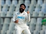 New Zealand's Ajaz Patel celebrates the dismissal of India's Mohammed Siraj on the second day of the 2nd Test match between India and New Zealand, at Wankhede Stadium, in Mumbai on Saturday. This was his 10th wicket of the innings.(ANI )