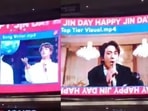 BTS fans in India celebrate Jin's birthday with a digital ad in a mall. BTS fans in India celebrate Jin's birthday with a digital ad in a mall.
