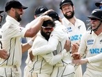 New Zealand bowler Ajaz Patel celebrates the wicket of Mohammed Siraj during the 2nd day of the 2nd test match between India and New Zealand at Wankhede stadium in Mumbai.(PTI) New Zealand bowler Ajaz Patel celebrates the wicket of Mohammed Siraj during the 2nd day of the 2nd test match between India and New Zealand at Wankhede stadium in Mumbai.(PTI)