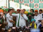 Bharatiya Kisan Union (BKU) spokesperson Rakesh Tikait addresses media after farmers' meeting at Singhu border in New Delhi on Saturday. (PTI ) Bharatiya Kisan Union (BKU) spokesperson Rakesh Tikait addresses media after farmers' meeting at Singhu border in New Delhi on Saturday. (PTI )