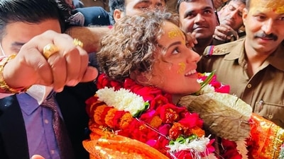 Kangana shared pictures of her meeting the crowd outside a temple in Mathura. (Instagram) Kangana shared pictures of her meeting the crowd outside a temple in Mathura. (Instagram)