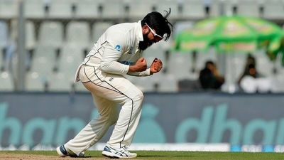 New Zealand's Ajaz Patel celebrates wicket of India's Shreyas Iyer on the first day of the 2nd Test match between India and New Zealand, at Wankhede Stadium, in Mumbai on Friday. (ANI) New Zealand's Ajaz Patel celebrates wicket of India's Shreyas Iyer on the first day of the 2nd Test match between India and New Zealand, at Wankhede Stadium, in Mumbai on Friday. (ANI)