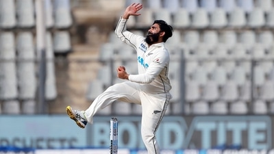 New Zealand's Ajaz Patel in action during the second day of the 2nd Test match between India and New Zealand, at Wankhede Stadium, in Mumbai on Saturday. (ANI ) New Zealand's Ajaz Patel in action during the second day of the 2nd Test match between India and New Zealand, at Wankhede Stadium, in Mumbai on Saturday. (ANI )