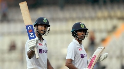 India's Mayank Agarwal and Wriddhiman Saha on the second day of the 2nd Test match between India and New Zealand, at Wankhede Stadium, in Mumbai on Saturday. (ANI ) India's Mayank Agarwal and Wriddhiman Saha on the second day of the 2nd Test match between India and New Zealand, at Wankhede Stadium, in Mumbai on Saturday. (ANI )