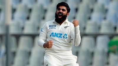New Zealand's Ajaz Patel celebrates the dismissal of India's Mohammed Siraj on the second day of the 2nd Test match between India and New Zealand, at Wankhede Stadium, in Mumbai on Saturday. This was his 10th wicket of the innings. (ANI ) New Zealand's Ajaz Patel celebrates the dismissal of India's Mohammed Siraj on the second day of the 2nd Test match between India and New Zealand, at Wankhede Stadium, in Mumbai on Saturday. This was his 10th wicket of the innings. (ANI )