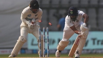 India's Ravichandran Ashwin is bowled during the day two of their second test cricket match with New Zealand in Mumbai, India, Saturday, Dec. 4, 2021. (AP)