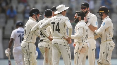 New Zealand bowler Ajaz Patel celebrates the wicket of Mayank Agarwal during the 2nd day of the 2nd test match between India and New Zealand at Wankhede stadium in Mumbai, Saturday, Dec. 4, 2021. (PTI) New Zealand bowler Ajaz Patel celebrates the wicket of Mayank Agarwal during the 2nd day of the 2nd test match between India and New Zealand at Wankhede stadium in Mumbai, Saturday, Dec. 4, 2021. (PTI)