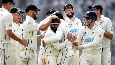 New Zealand bowler Ajaz Patel celebrates the wicket of Mohammed Siraj during the 2nd day of the 2nd test match between India and New Zealand at Wankhede stadium in Mumbai. (PTI) New Zealand bowler Ajaz Patel celebrates the wicket of Mohammed Siraj during the 2nd day of the 2nd test match between India and New Zealand at Wankhede stadium in Mumbai. (PTI)
