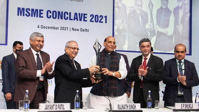 Defence minister Rajnath Singh with dignitaries during the MSME Conclave in New Delhi on Saturday. (PTI) Defence minister Rajnath Singh with dignitaries during the MSME Conclave in New Delhi on Saturday. (PTI)