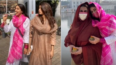 Actor Sara Ali Khan poses with mother Amrita Singh and Janhvi Kapoor. (Instagram)