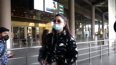 Urvashi Rautela sported a leather jacket as her airport look. (Varinder Chawla) 