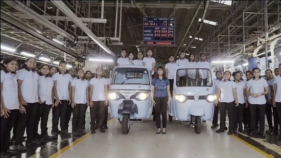 Piaggio ‘s all-women manufacturing team. Piaggio has inducted these female workforce from various technical institutes located in and around Baramati. (HT PHOTO)