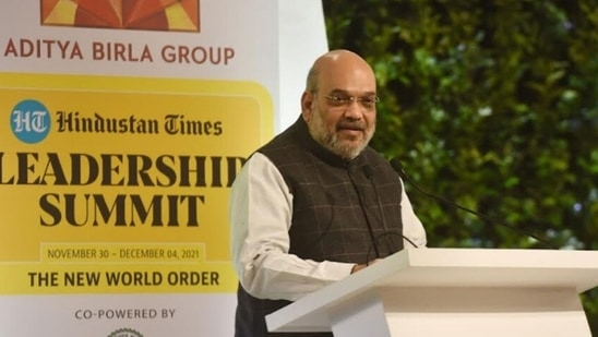 Union Home Minister Amit Shah delivered the keynote address and talked about India's achievements under Prime Minister Narendra's Modi's leadership on the last day of 19th edition of HTLS. He was in conversation with Shashi Shekhar, the editor-in-chief of Hindustan on Day 5 of the summit.(HT photo/ Vipin Kumar)