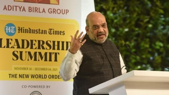 Union Home Minister Amit Shah lauded PM Modi's leadership and said that the vaccination drive undertaken by the country is being appreciated across the world.(HT photo/ Vipin Kumar)
