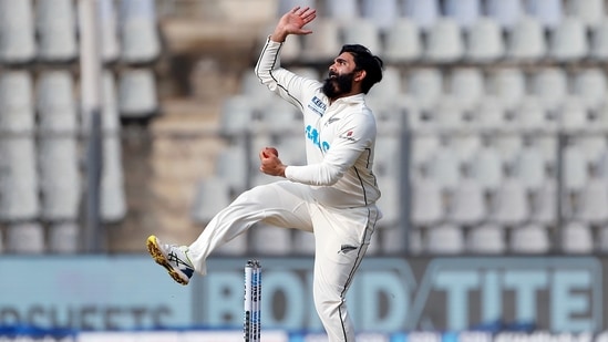 New Zealand's Ajaz Patel in action during the second day of the 2nd Test match between India and New Zealand, at Wankhede Stadium, in Mumbai on Saturday.&nbsp;(ANI )