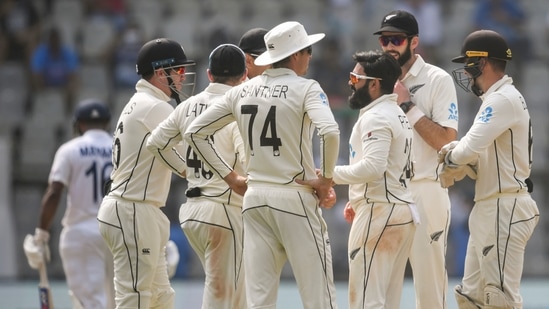 New Zealand bowler Ajaz Patel celebrates the wicket of Mayank Agarwal during the 2nd day of the 2nd test match between India and New Zealand at Wankhede stadium in Mumbai, Saturday, Dec. 4, 2021.&nbsp;(PTI)