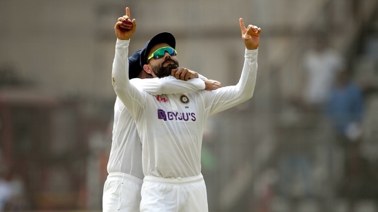Indian captain Virat Kohli celebrates the wicket of New Zealand batter Will Young during the 2nd day of the 2nd test match between India and New Zealand, at Wankhede stadium in Mumbai.(PTI) Indian captain Virat Kohli celebrates the wicket of New Zealand batter Will Young during the 2nd day of the 2nd test match between India and New Zealand, at Wankhede stadium in Mumbai.(PTI)