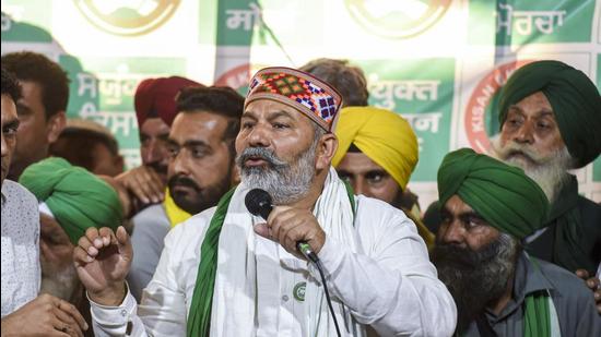 Bharatiya Kisan Union spokesperson Rakesh Tikait addresses media after Samyukta Kisan Morcha meeting at Singhu Border, in New Delhi on Saturday. (PTI) Bharatiya Kisan Union spokesperson Rakesh Tikait addresses media after Samyukta Kisan Morcha meeting at Singhu Border, in New Delhi on Saturday. (PTI)