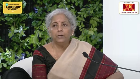 “I am hopeful that this year's GDP would be very encouraging and we will still be the fastest-growing economy in the world,” Union finance minister Nirmala Sitharaman said while speaking to Hindustan Times’ editor-in-chief R Sukumar on the last day of the Hindustan Times Leadership Summit.(HT Photo)
