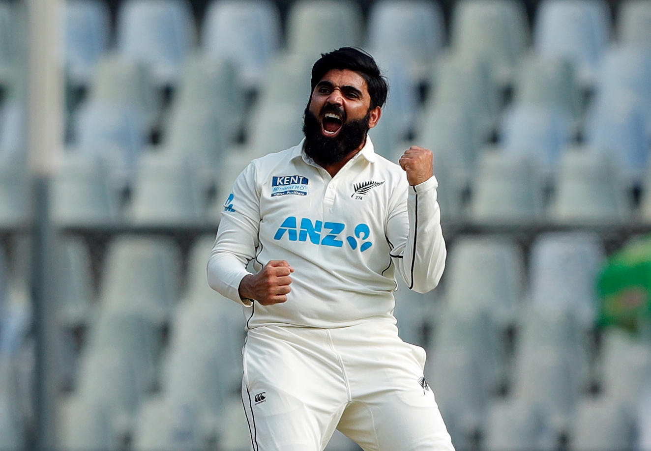 Ajaz Patel celebrates the dismissal of Mohammed Siraj (ANI ) Ajaz Patel celebrates the dismissal of Mohammed Siraj (ANI )