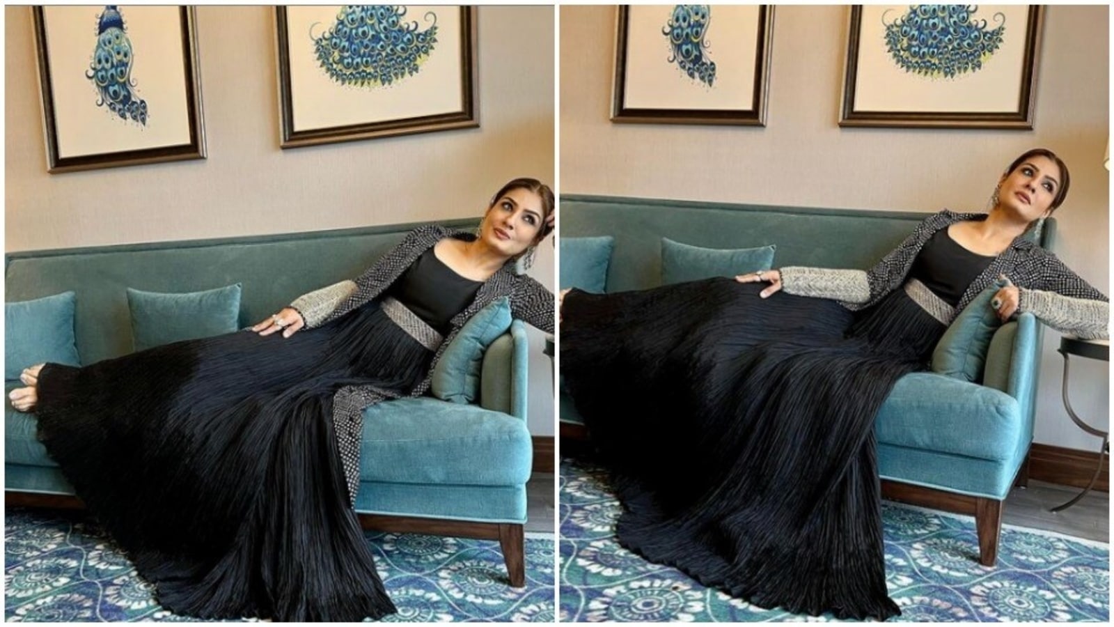 Raveena Tandon Ki Black Porn Video - Raveena Tandon cuts a sensuous look in a flowy gown and an embellished  shrug | Hindustan Times