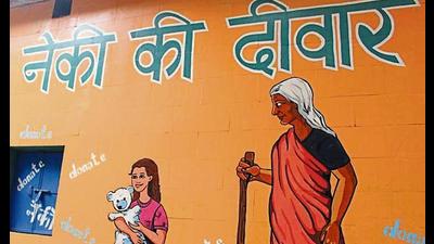 Neki ki Deewars, at repurposed waste collection centres in the city, which have been recently painted in colourful scapes of fauna and human figures. (Photo: Siddhi Jain/HT)