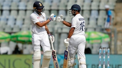 India's Mayank Agarwal and Shubman Gill during the first day of the 2nd Test match between India and New Zealand, at Wankhede Stadium, in Mumbai on Friday. (ANI) India's Mayank Agarwal and Shubman Gill during the first day of the 2nd Test match between India and New Zealand, at Wankhede Stadium, in Mumbai on Friday. (ANI)