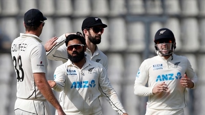 Mumbai, Dec 05 (ANI): New Zealand's Ajaz Patel celebrates the dismissal of India's Mayank Agarwal on the third day of the 2nd Test match between India and New Zealand, at Wankhede Stadium, in Mumbai on Sunday. (ANI Photo)
(ANI) Mumbai, Dec 05 (ANI): New Zealand's Ajaz Patel celebrates the dismissal of India's Mayank Agarwal on the third day of the 2nd Test match between India and New Zealand, at Wankhede Stadium, in Mumbai on Sunday. (ANI Photo)
(ANI)