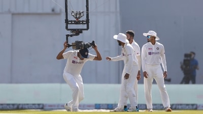 Mumbai, Dec 05 (ANI): India's Ravichandran Ashwin pushes the spider cam as it interrupts play prompting an early tea break on the third day of the 2nd Test match between India and New Zealand, at Wankhede Stadium, in Mumbai on Sunday. (ANI Photo)
(ANI) Mumbai, Dec 05 (ANI): India's Ravichandran Ashwin pushes the spider cam as it interrupts play prompting an early tea break on the third day of the 2nd Test match between India and New Zealand, at Wankhede Stadium, in Mumbai on Sunday. (ANI Photo)
(ANI)