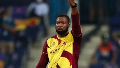 West Indies' captain Kieron Pollard gestures during the Cricket Twenty20 World Cup match between Sri Lanka and West Indies in Abu Dhabi, UAE. (AP) West Indies' captain Kieron Pollard gestures during the Cricket Twenty20 World Cup match between Sri Lanka and West Indies in Abu Dhabi, UAE. (AP)