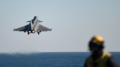 A French Rafale jet fighter takes off from France's aircraft carrier Charles-de-Gaulle.&nbsp; (AP)