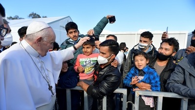 Pope Francis visits the island of Lesbos to meet with the the refugees and migrants at the Mavrovouni camp, Greece (REUTERS )