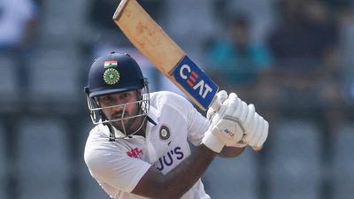 Indian batter Mayank Agarwal plays a shot during the 2nd day of the 2nd test match between India and New Zealand at Wankhede stadium in Mumbai, Saturday, Dec. 4, 2021. (PTI)