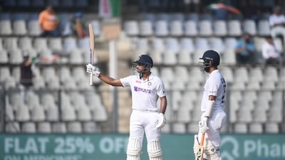 Mumbai: India's Mayank Agarwal celebrates his fifty during the 3rd day of the 2nd cricket test match between India and New Zealand at Wankhede stadium, in Mumbai, Sunday, Dec. 5, 2021. (PTI Photo/Shashank Parade)(PTI12_05_2021_000017A) (PTI) Mumbai: India's Mayank Agarwal celebrates his fifty during the 3rd day of the 2nd cricket test match between India and New Zealand at Wankhede stadium, in Mumbai, Sunday, Dec. 5, 2021. (PTI Photo/Shashank Parade)(PTI12_05_2021_000017A) (PTI)