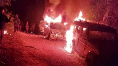 Angry villagers burn vehicles belonging to security personnel after at least 12 civilians were killed by the security forces in two incidents of firing at Oting village under Mon district of Nagaland. (PTI Photo) Angry villagers burn vehicles belonging to security personnel after at least 12 civilians were killed by the security forces in two incidents of firing at Oting village under Mon district of Nagaland. (PTI Photo)