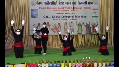 Students performing at the miming event during the PU Zonal Youth and Heritage Festival at GHG Khalsa College of Education, Gurusar Sadhar, on Sunday.