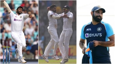 Bumrah (L), Siraj (C) and Shami. (PTI)