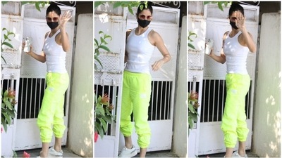 Katrina showed us how to balance neon colours with her look. She teamed the ensemble with chunky white lace-up sneakers featuring animal print, square-shaped sunglasses, and a black face mask to stay safe amid the pandemic. (HT Photo/Varinder Chawla) Katrina showed us how to balance neon colours with her look. She teamed the ensemble with chunky white lace-up sneakers featuring animal print, square-shaped sunglasses, and a black face mask to stay safe amid the pandemic. (HT Photo/Varinder Chawla)