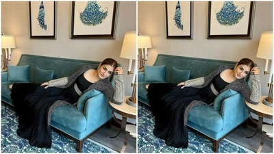 Assisted by makeup artist Shura Bhavin, Raveena opted for a minimal makeup look. In nude eyeshadow, black eyeliner, mascara-laden eyelashes, black kohl, drawn eyebrows, contoured cheeks and a shade of nude lipstick, Raveena looked ravishing. (Instagram/@officialraveenatandon)