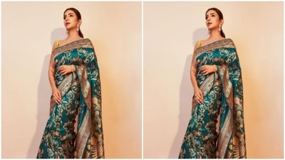 The team Benarasi saree is intricately embroidered in silver zari. (Instagram/@lakshmimanchu)